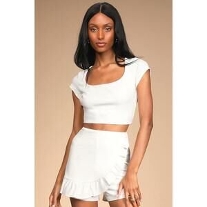 NWT Lulus Cocktail Party Ivory Two-piece Lace-up Ruffled Romper - Size S